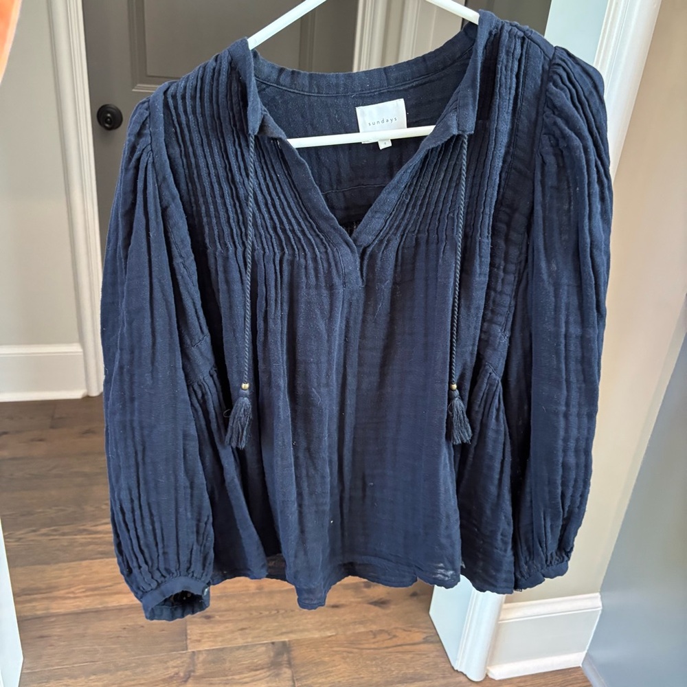 Sundays Anthropologie Deep Blue Textured Long Sleeve Blouse